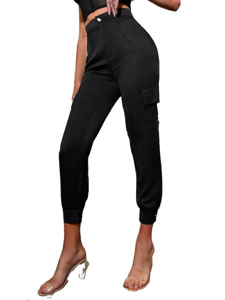 

high waist flap pocket side cargo pants q0dg#, Black;white