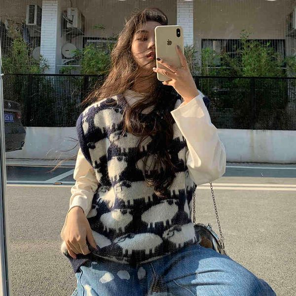 

animal sheep pattern college wind knited casual all match loose basic sleeveless female women sweaters vests 210426, Black;white