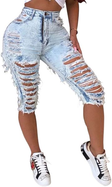 

women's frayed ripped denim destroyed distressed bermuda washed hole mid short jeans n1xd#, White;black