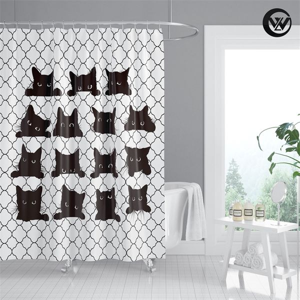 Tenda da doccia con geometria bianca a forma di gatto nero carino stampato alla moda, set di accessori da bagno impermeabili resistenti alla muffa 220429