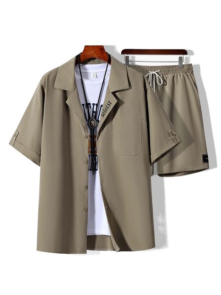 

extended sizes men letter patched shirt & shorts without tee q3ou#, Gray