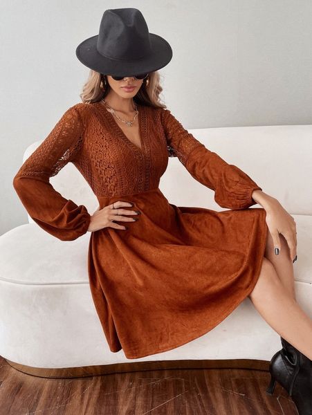 

contrast lace tie back lantern sleeve suede dress i6x9#, Black;gray