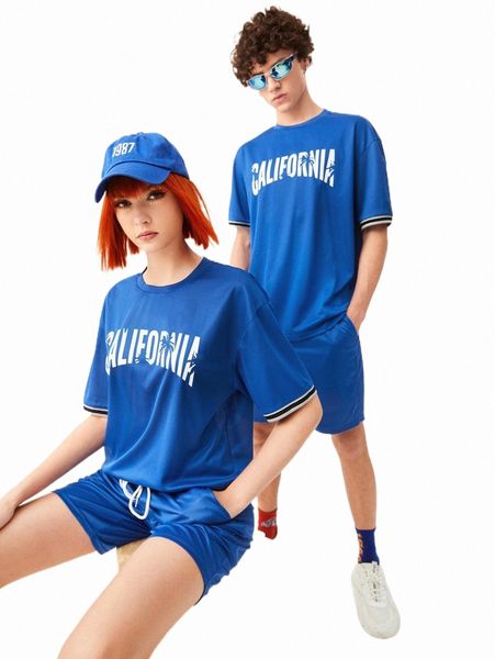 

1pc palm tree & letter graphic tee & 1pc drawstring waist shorts o9mb#, Gray