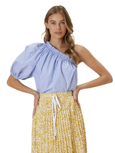 

one shoulder frill trim puff sleeve blouse i7s7#, White