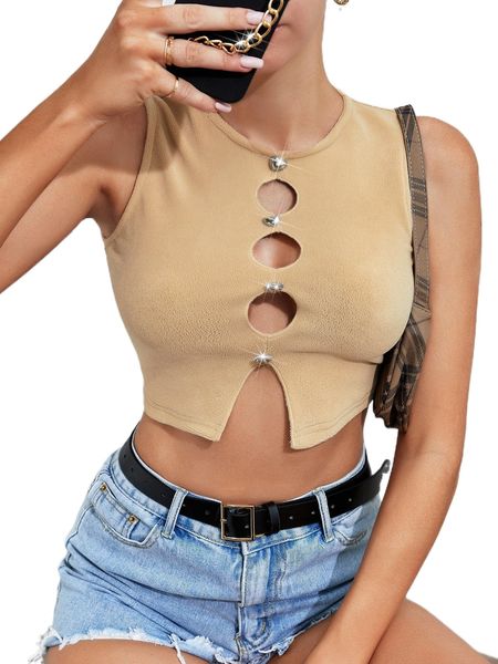 

heart detail cut out crop tank 66e1#, White