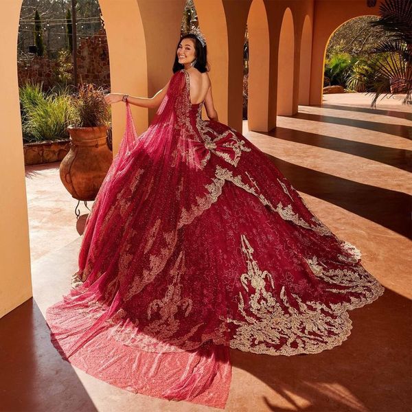 Moderno vermelho escuro quinceanera vestidos uma bola de ombro 16 meninas vestido de baile rendas apliques com glitter mexicano adolescente xv vestidos 326 326