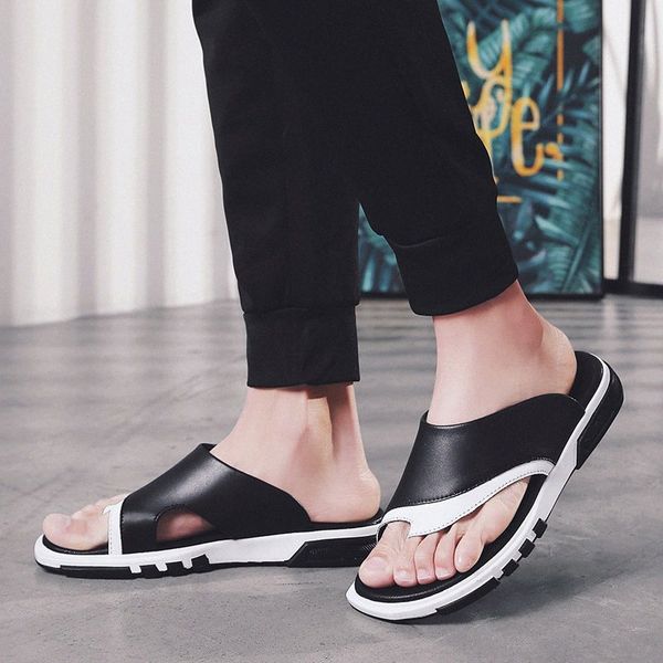 

slipper mens fashion 2023 summer new style genuine leather slippers anti slip outdoor flip flops men beach shoes m0b3#, Black