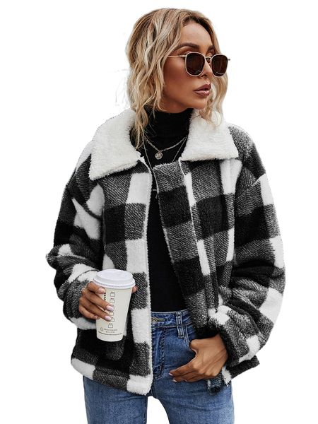 

buffalo plaid zip up teddy coat l7el#, Black