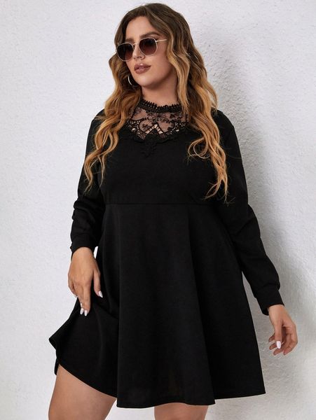 

plus contrast guipure lace bishop sleeve tie back dress t7hw#, Black