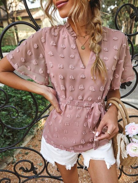 

swiss dot notch neck belted blouse f74i#, White