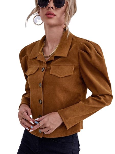 

flap detail gigot sleeve jacket 975u#, Black;brown