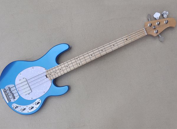4-saitige blaue E-Bassgitarre aus Metall mit Ahorngriffbrett