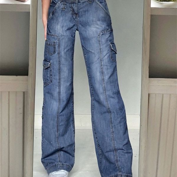 

waatfaak harajuku pockets patchwork cargo jeans y2k dark blue high waist streetwear 90s baggy women pants straight leg 220813