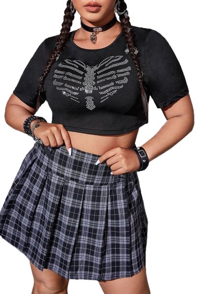 

plus rhinestone skeleton pattern crop tee f54k#, Black
