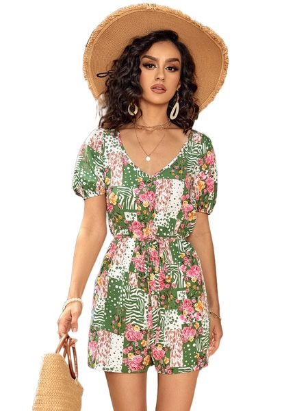 

patchwork print puff sleeve tie back belted romper t1b3#, Black;white