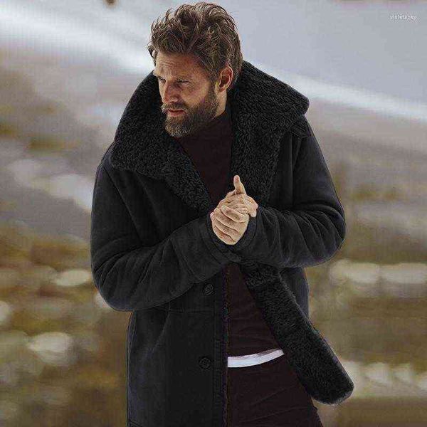 

men's wool & blends long sleeve fur lined mountain faux lamb loose male jackets coat 2022 winter thick warm sheepskin jacket viol22 t22, Black