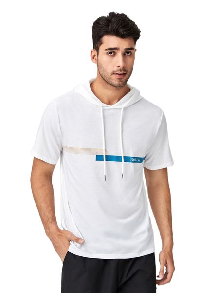 

men letter graphic drawstring hooded tee a46x#, White;black