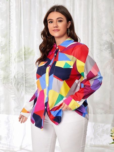 

plus geo print pocket front blouse b8mh#, Black