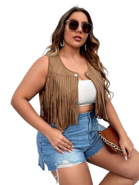 

plus fringe trim vest jacket n0fk#, Black