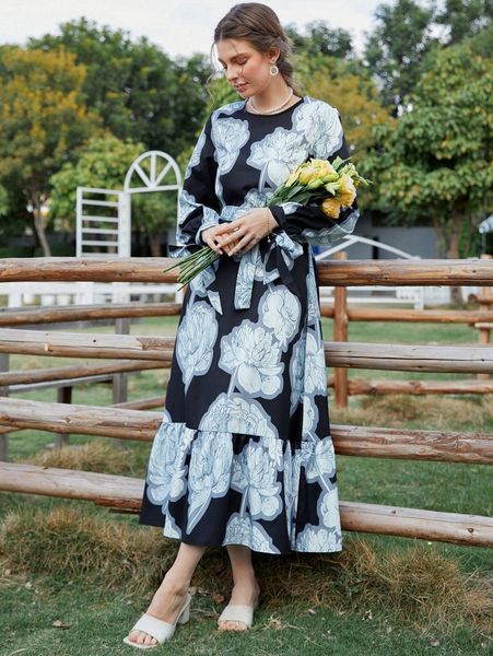 

large floral print knot cuff ruffle hem belted dress h8yl#, Black;gray