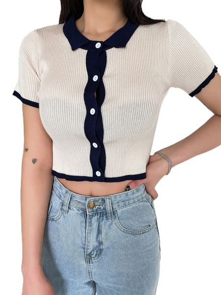 

dazy contrast trim button through rib-knit tee g5rn#, White