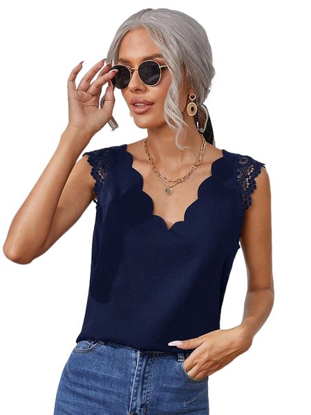 

v-neck scallop edge lace detail w391#, White