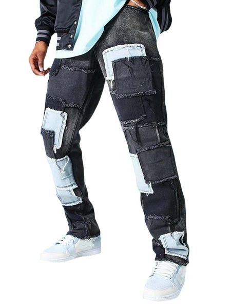 

romwe guys patchwork raw hem jeans i0xl#, Blue