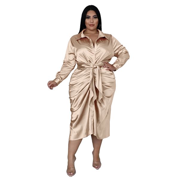 Damen-Kleider in Übergröße, Satin, langärmelig, Hemdkleid mit Knöpfen, gerüscht, figurbetont, Party-Cocktail-Midikleid