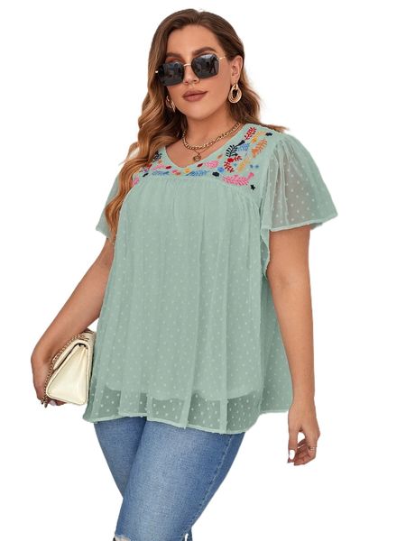 

plus floral embroidery swiss dot butterfly sleeve chiffon blouse b7zp#, Black