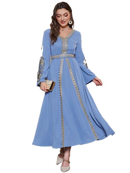 

paisley & floral embroidery applique flounce sleeve dress s6l4#, Black;gray