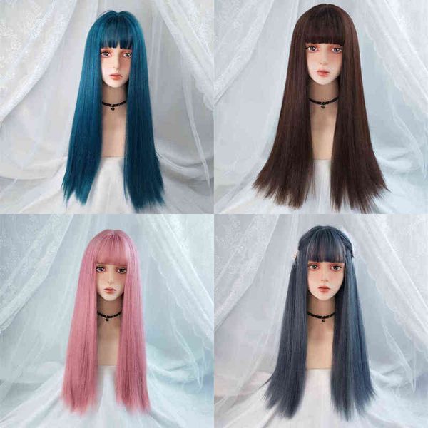 

vicwig cosplay wig with bangs synthetic straight hair 24 inch long heat-resistant pink for women 220622, Black