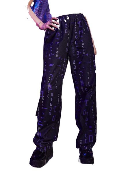 

romwe cyber luvr random number print pants 73cr#, Black;white