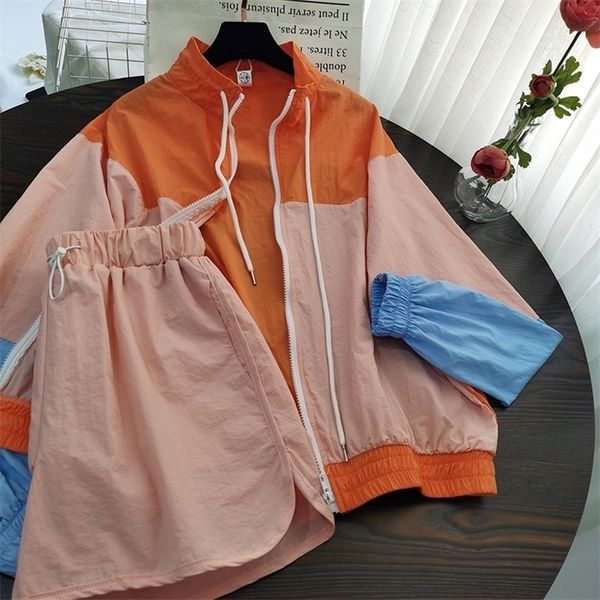 

spring summer colorful patchwork sport set women turtleneck long sleeve cardigan coatelastic loose shorts 2 piece set t200610, Gray