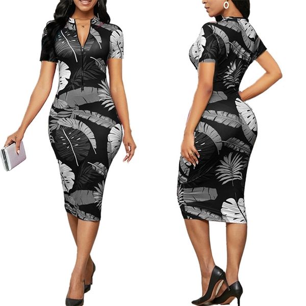 3D Banana Leaf Print Sommer Kleider Elegante Frauen V Neck Zipper Bodycon Büro Bleistift Kurzarm Sexy Schlank 220613