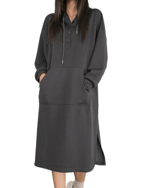 

dazy half button drop shoulder split hem drawstring hoodie dress r8cz#, Black