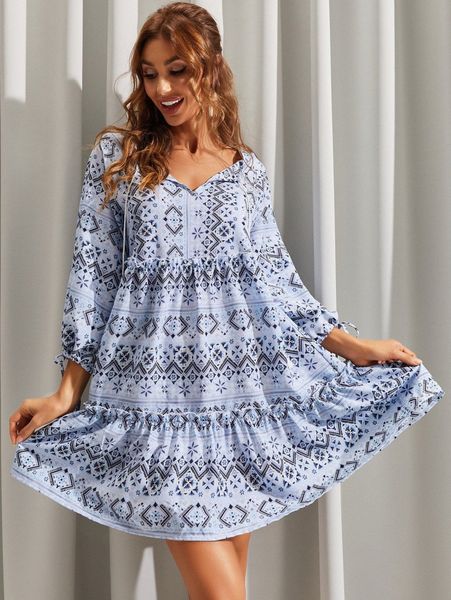 

luukse tie neck knot cuff lantern sleeve ruffle hem striped dress d2cr#, Black;gray