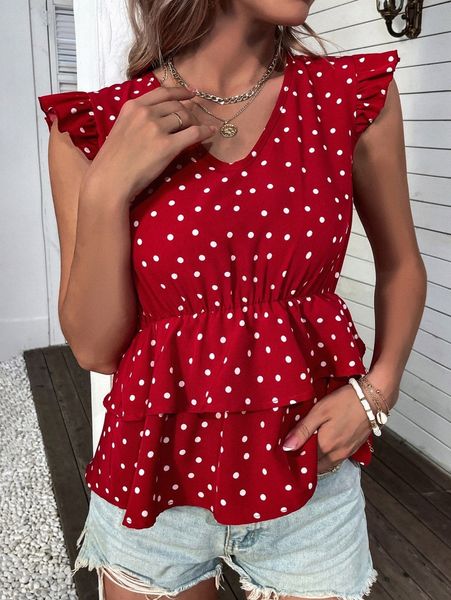 

polka dot flutter sleeve layered hem blouse y8km#, White