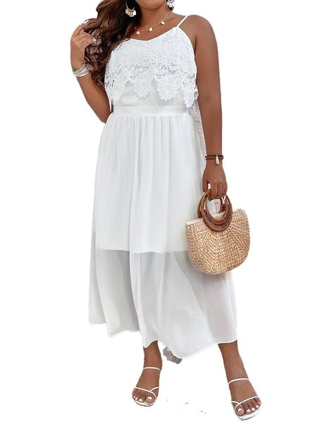 

plus contrast guipure lace cami with skirt p64i#, Black