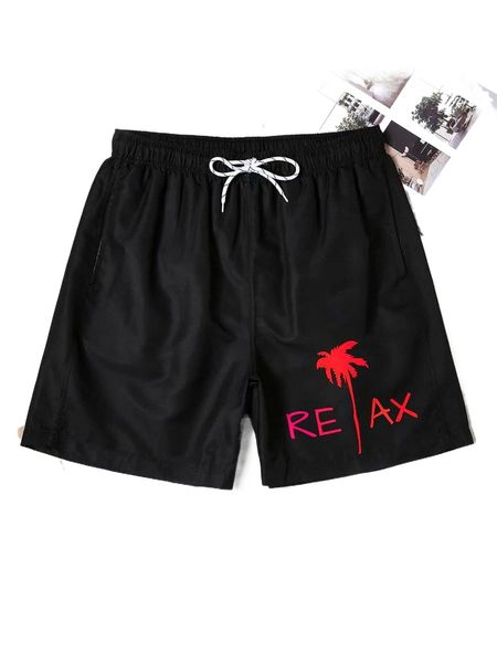 

men letter & palm tree print drawstring waist swim trunks c4qm#, White;black