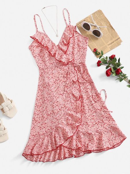 

ruffle trim wrap tie side ditsy floral cami dress h7rr#, Black;gray
