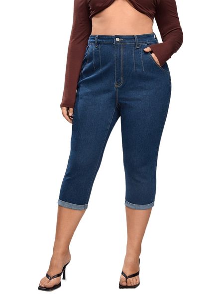 

plus high waist roll up hem capri skinny jeans d3d5#, Blue