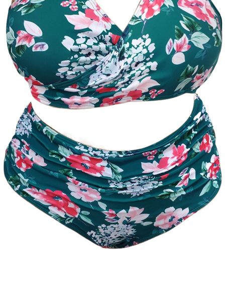 

plus floral print ruched high waist bikini bottom n4lw#, Black