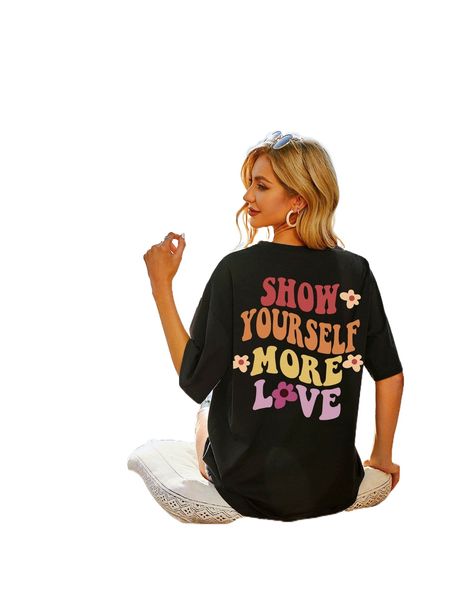 

floral & slogan graphic drop shoulder tee a1on#, White