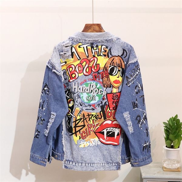 

autumn new fashion denim coat women harajuku graffiti print worn out long sleeve denim jacket girl students jeans coats outwear t200319, Black;brown