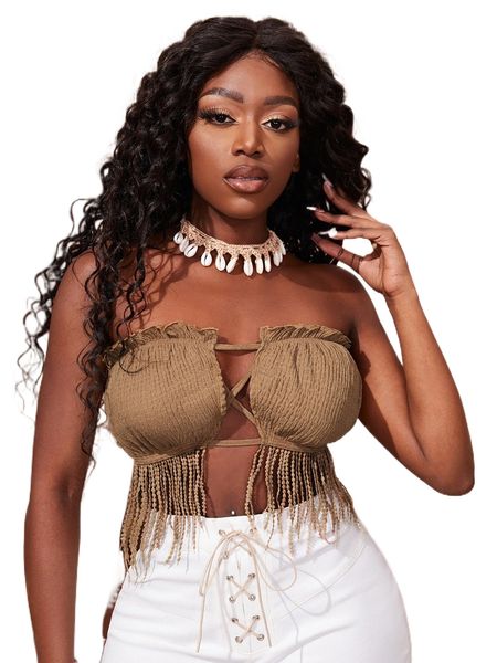 

sxy criss cross lettuce trim cut out fringe hem crop tube h5en#, White