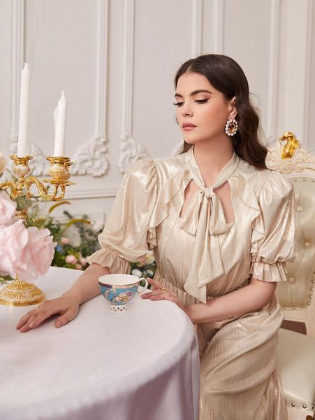 

tie neck ruffle trim puff sleeve dress n4xi#, Black;gray