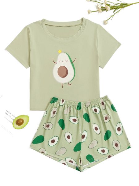 

cartoon and avocado print & shorts pj set t4gh#, Black;red