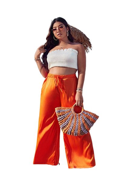 

plus tie waist wide leg pants v78j#, Black