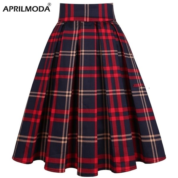 Gonna scozzese rossa a pieghe vintage Stampa uniforme scolastica Vita alta Donna Retro Estate anni '50 Gonne Rockabilly Cotone Midi Skater 220401