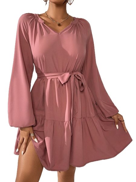 

lantern sleeve ruffle hem belted dress t1nx#, Black;gray